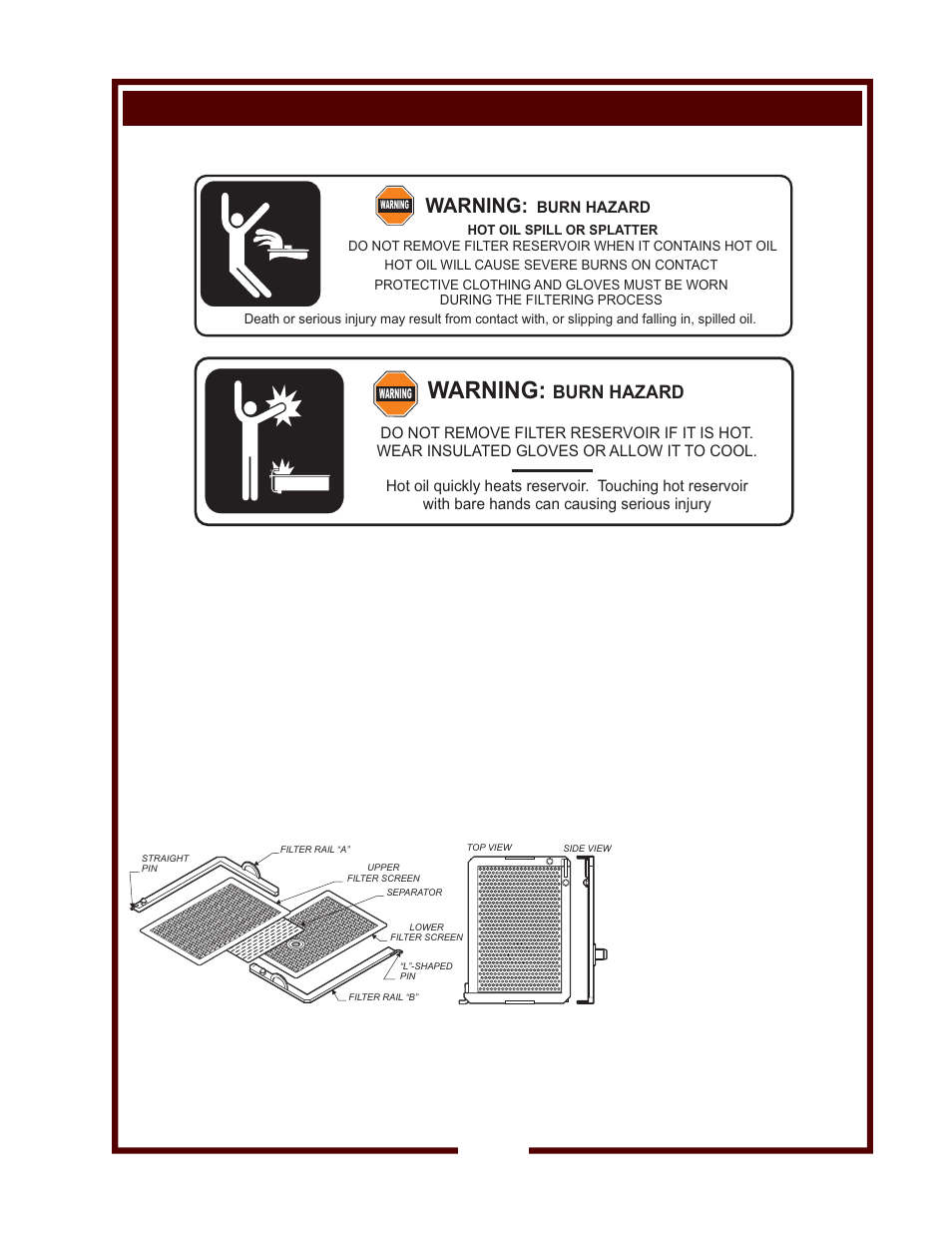 Warning, Maintenance instructions - filter system, Burn hazard | Bloomfield WFAE-55F User Manual | Page 27 / 36