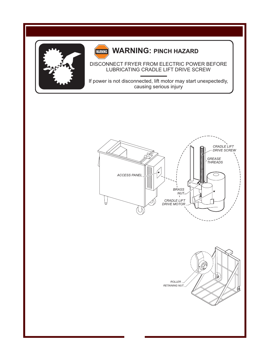 Warning, Pinch hazard, Maintenance instructions - cradle lift | Bloomfield WFAE-55F User Manual | Page 32 / 36