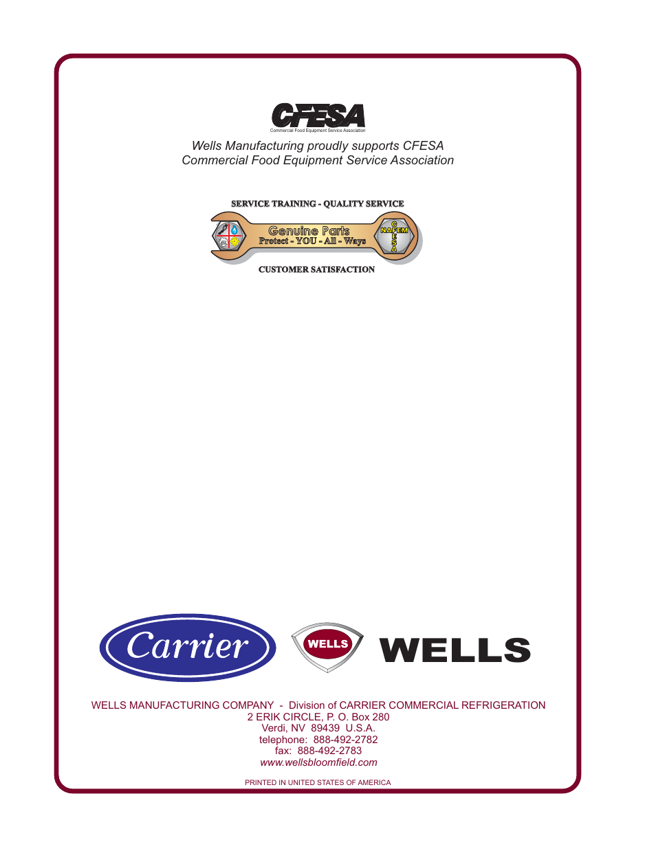 Wells | Bloomfield WFAE-55F User Manual | Page 36 / 36