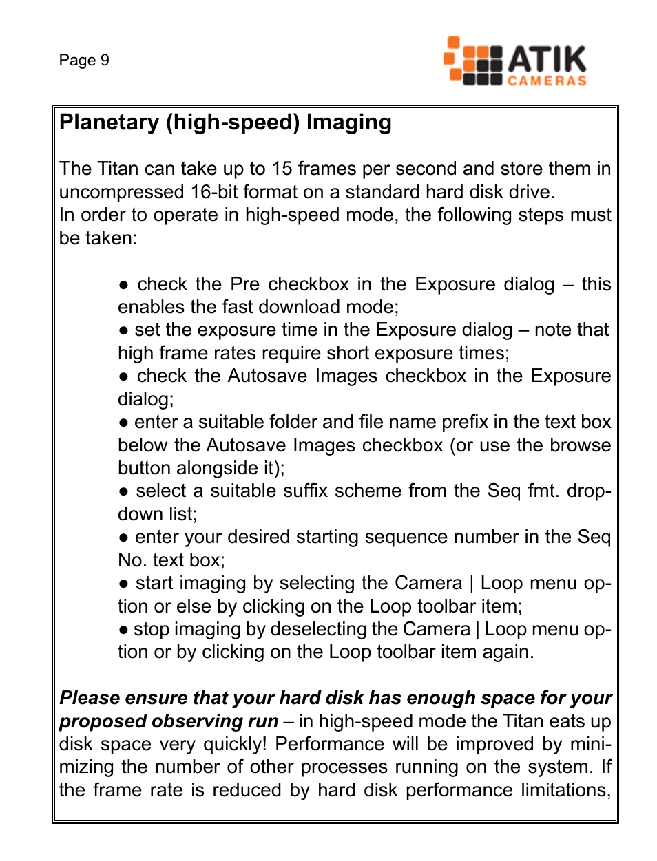 Planetary (high-speed) imaging | ATIK Cameras 428EX Quick Start User Manual | Page 11 / 20