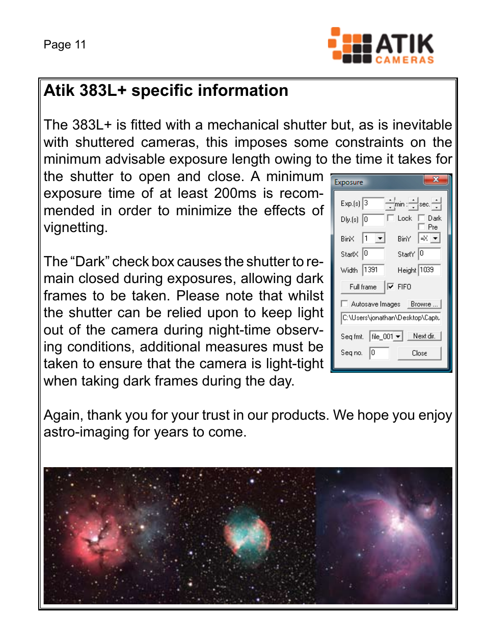 Atik 383l+ specific information | ATIK Cameras 428EX Quick Start User Manual | Page 13 / 20