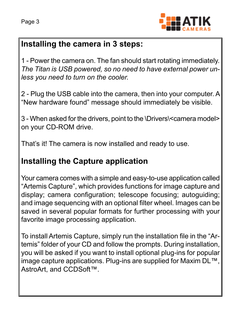 Installing the camera in 3 steps, Installing the capture application | ATIK Cameras 428EX Quick Start User Manual | Page 5 / 20