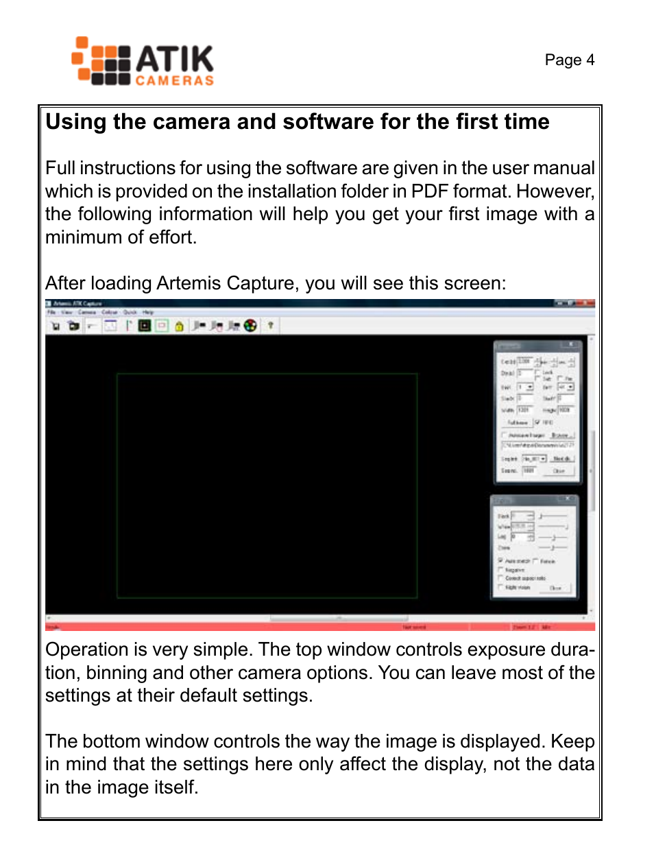 Using the camera and software for the first time | ATIK Cameras 428EX Quick Start User Manual | Page 6 / 20