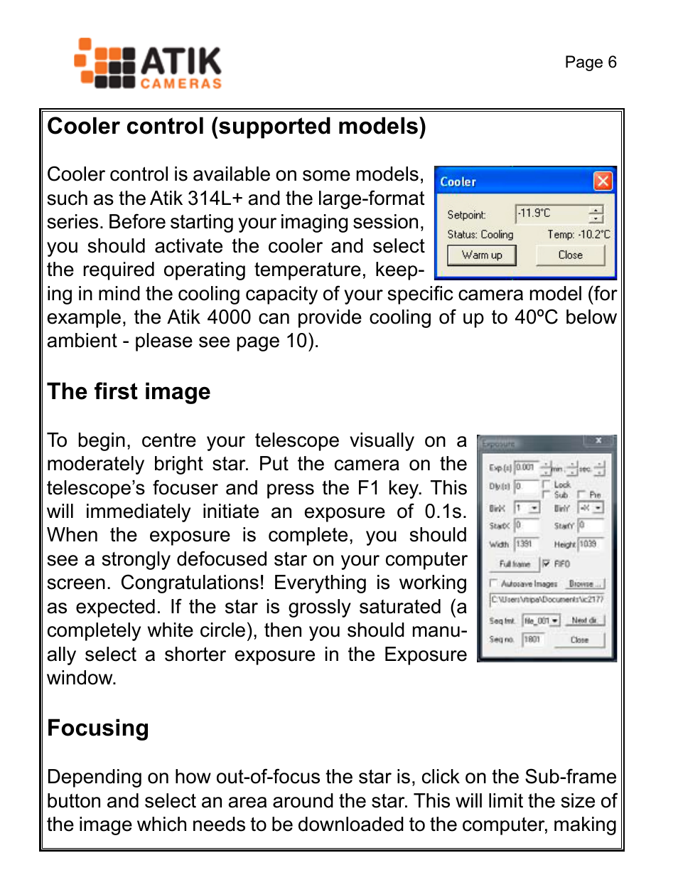 Cooler control (supported models), The first image, Focusing | ATIK Cameras 428EX Quick Start User Manual | Page 8 / 20