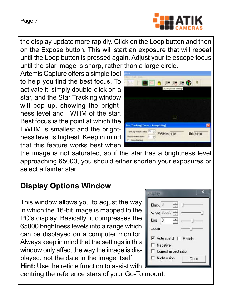 Display options window | ATIK Cameras 428EX Quick Start User Manual | Page 9 / 20