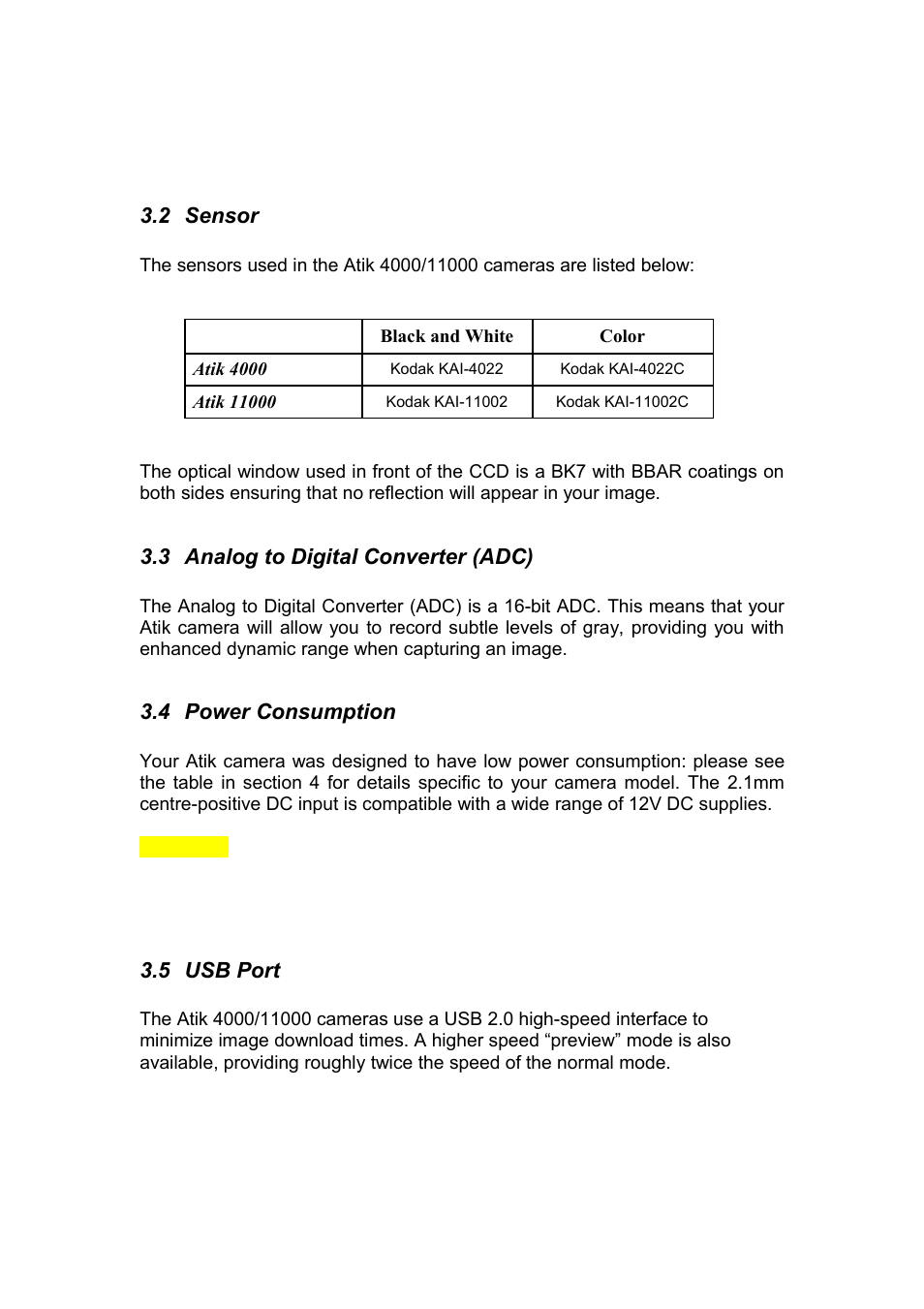 2 sensor, 3 analog to digital converter (adc), 4 power consumption | 5 usb port | ATIK Cameras 11000 User Manual User Manual | Page 6 / 10
