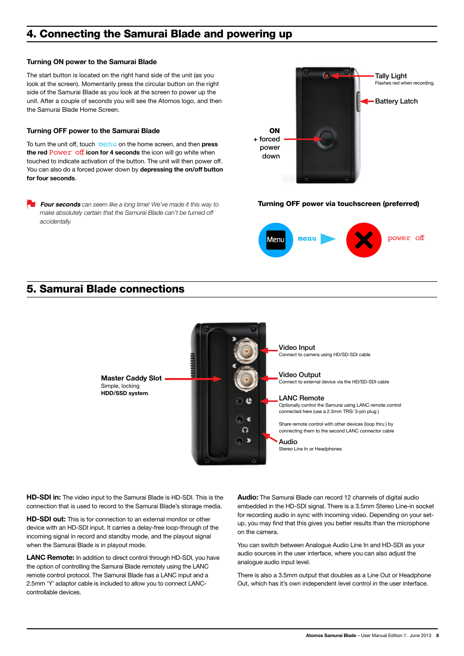 Samurai blade connections, Connecting the samurai blade and powering up | Atomos Samurai Blade User Manual | Page 10 / 38