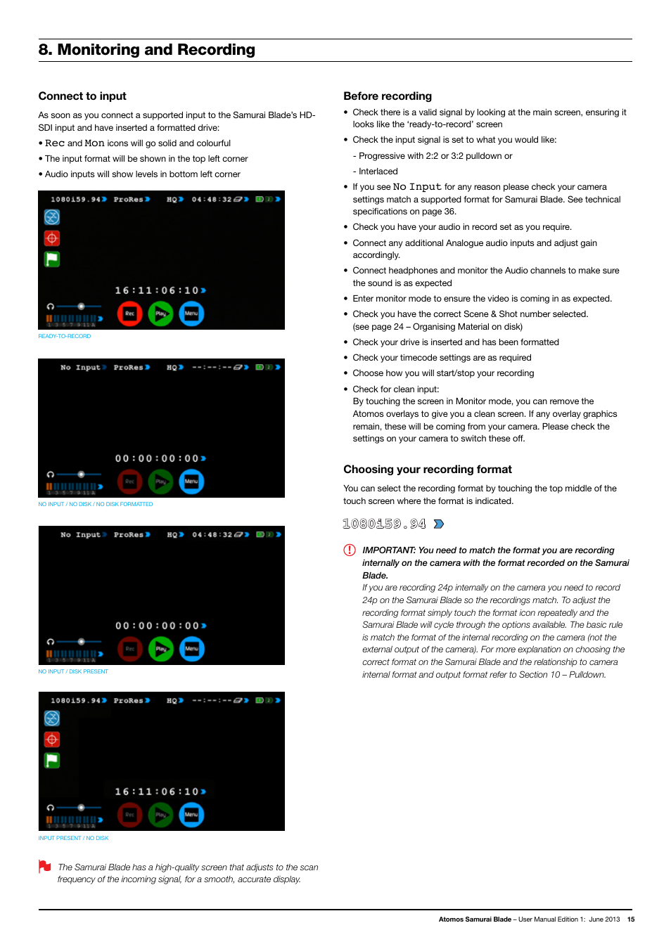 Monitoring and recording | Atomos Samurai Blade User Manual | Page 17 / 38
