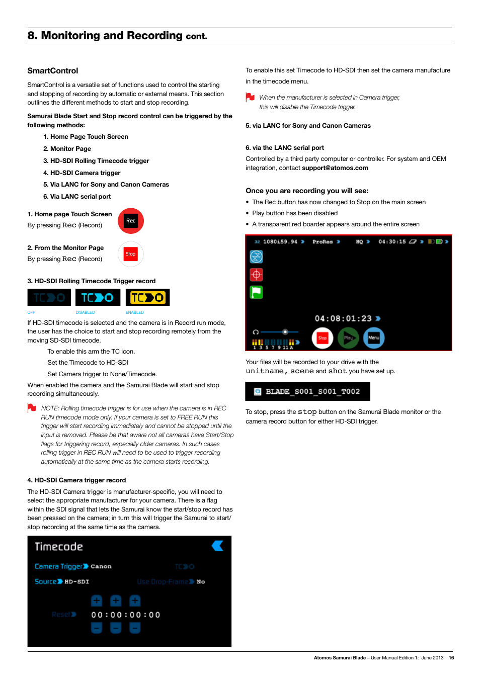 Monitoring and recording, Cont | Atomos Samurai Blade User Manual | Page 18 / 38