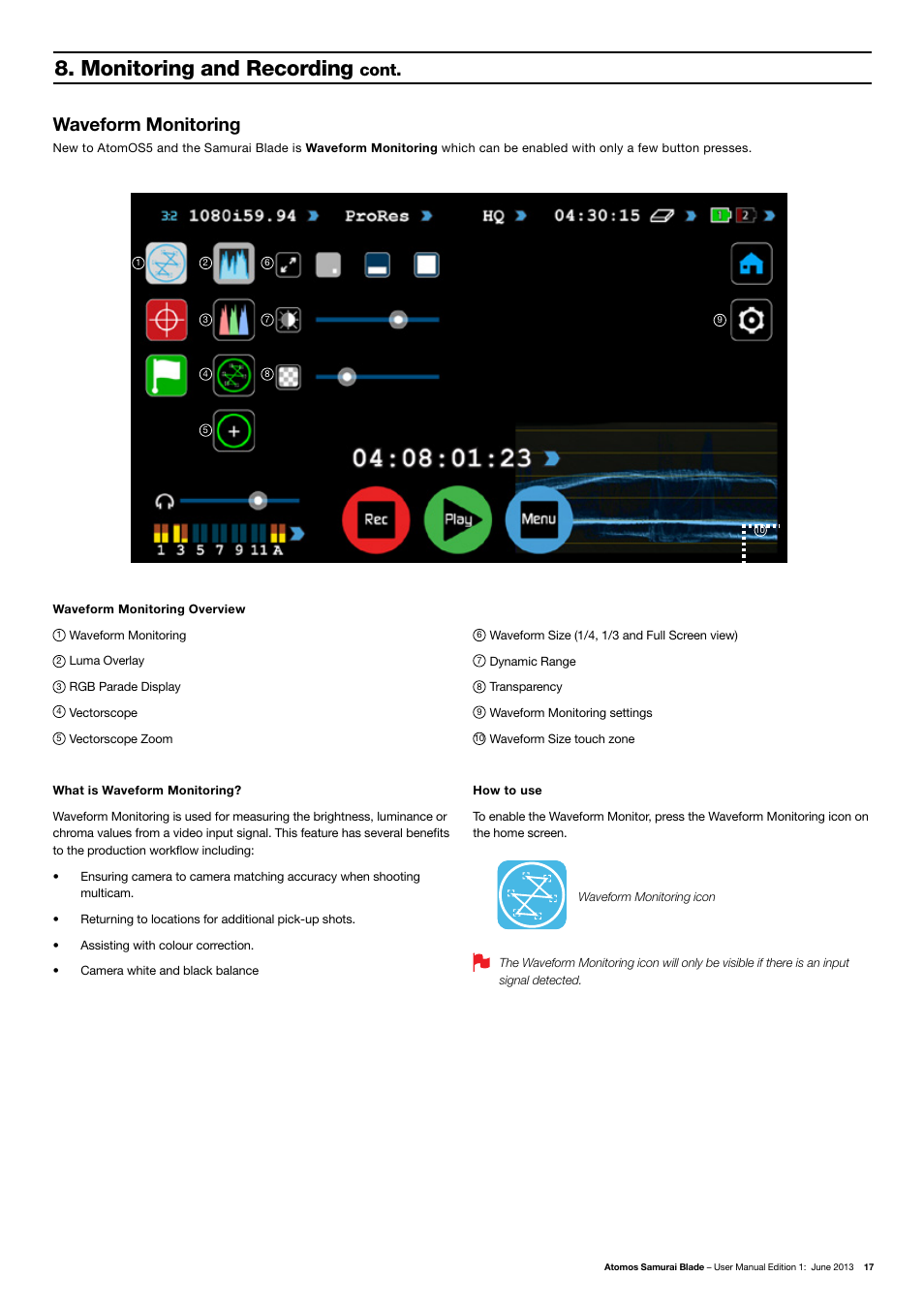 Monitoring and recording, Waveform monitoring, Cont | Atomos Samurai Blade User Manual | Page 19 / 38