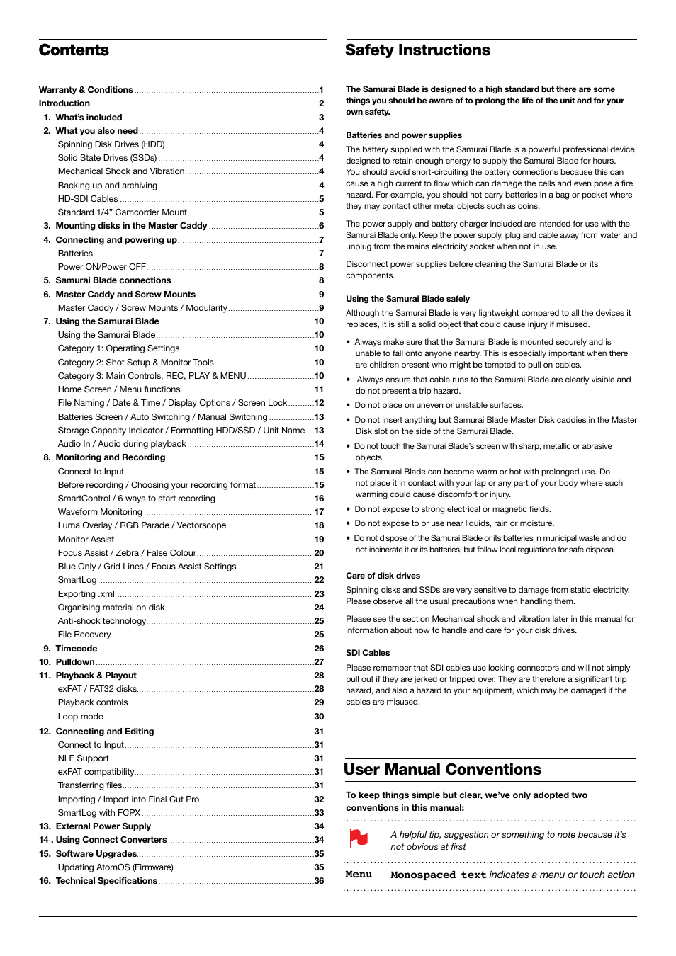 Contents safety instructions, Contents user manual conventions, Monospaced text | Menu | Atomos Samurai Blade User Manual | Page 2 / 38