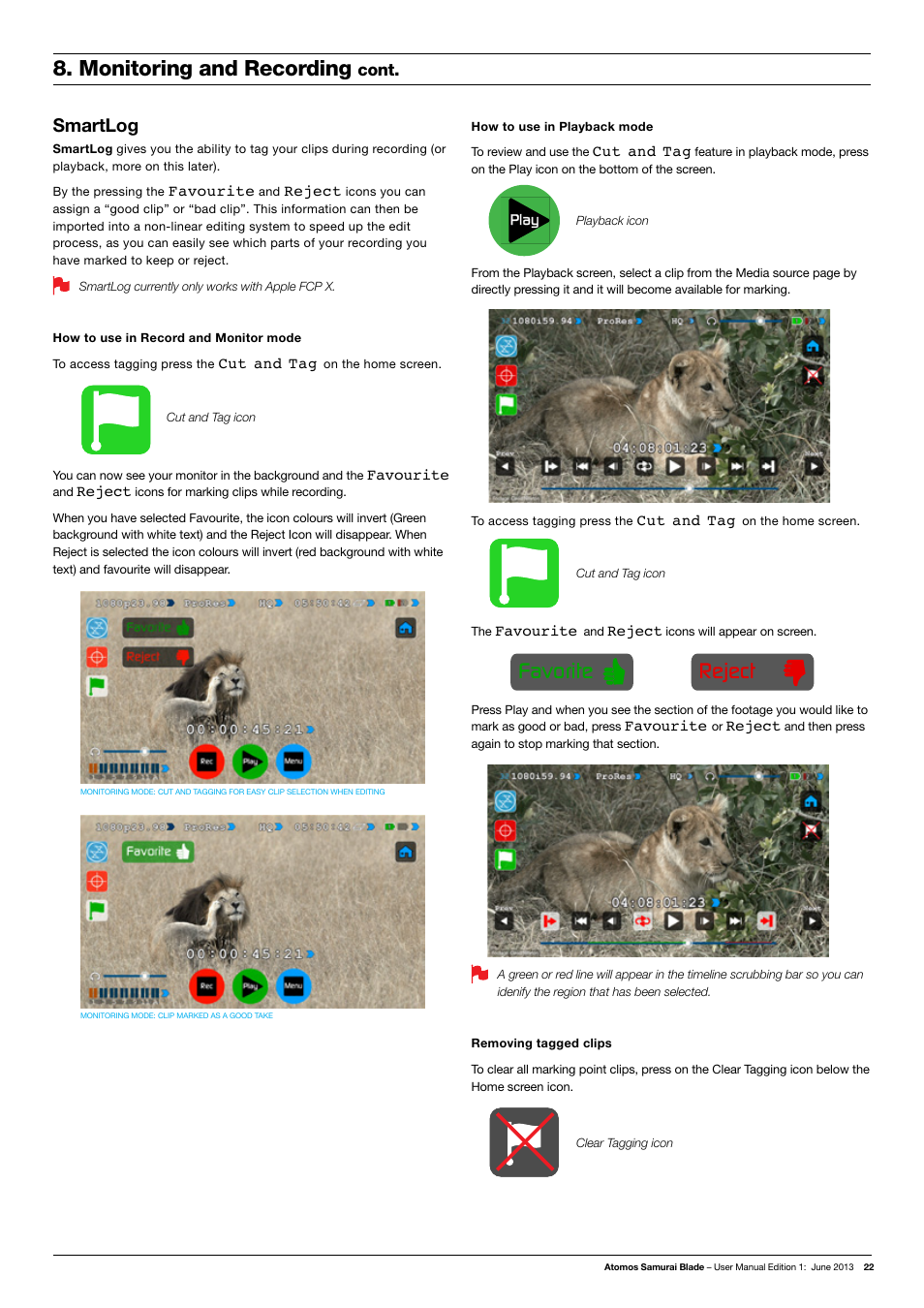Favorite reject, Monitoring and recording, Smartlog | Cont | Atomos Samurai Blade User Manual | Page 24 / 38