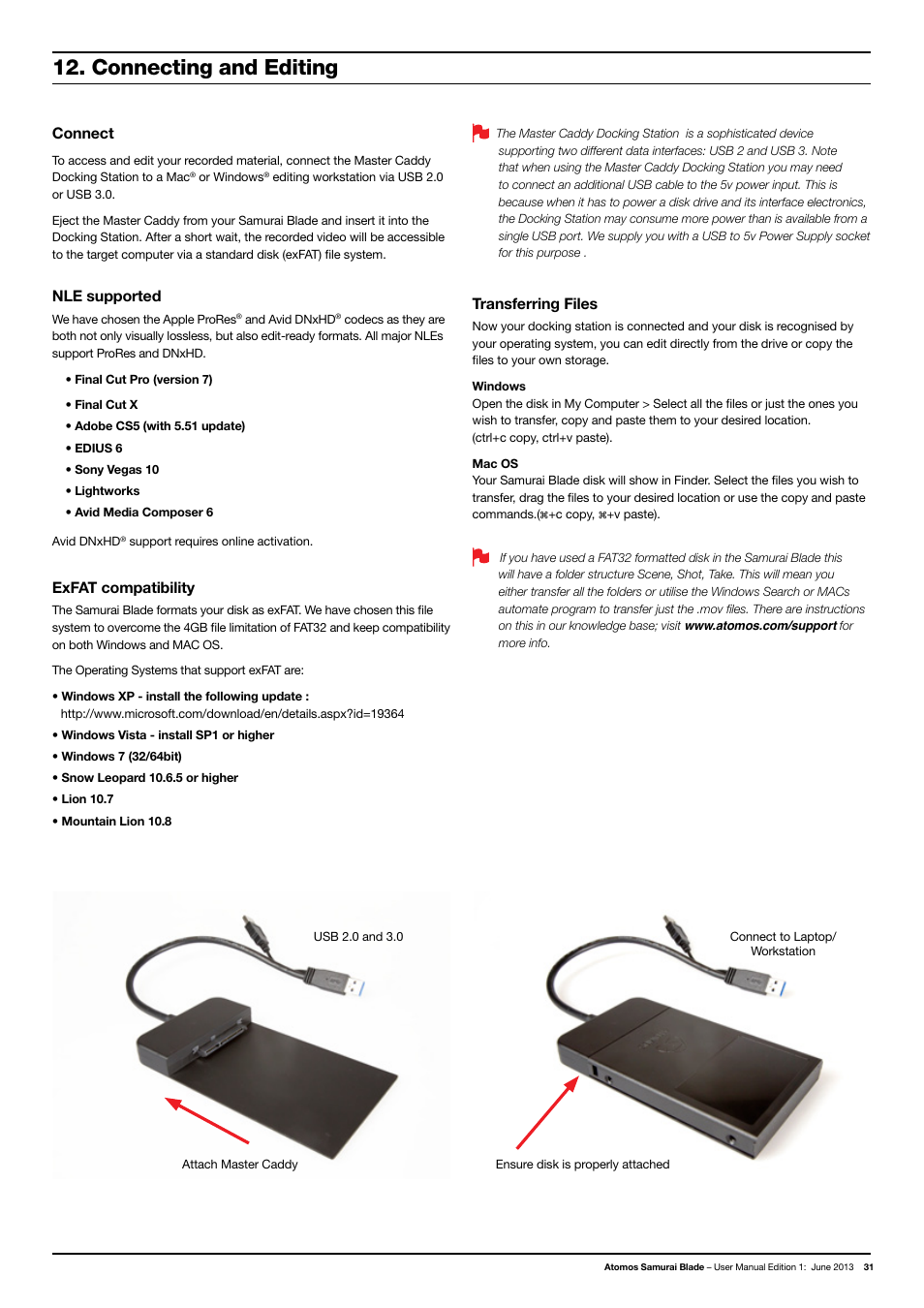 Connecting and editing, Connect, Nle supported | Exfat compatibility, Transferring files | Atomos Samurai Blade User Manual | Page 33 / 38