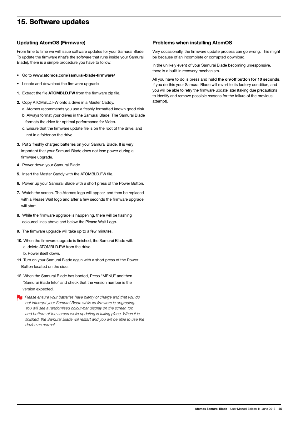 Software updates, Updating atomos (firmware), Problems when installing atomos | Atomos Samurai Blade User Manual | Page 37 / 38
