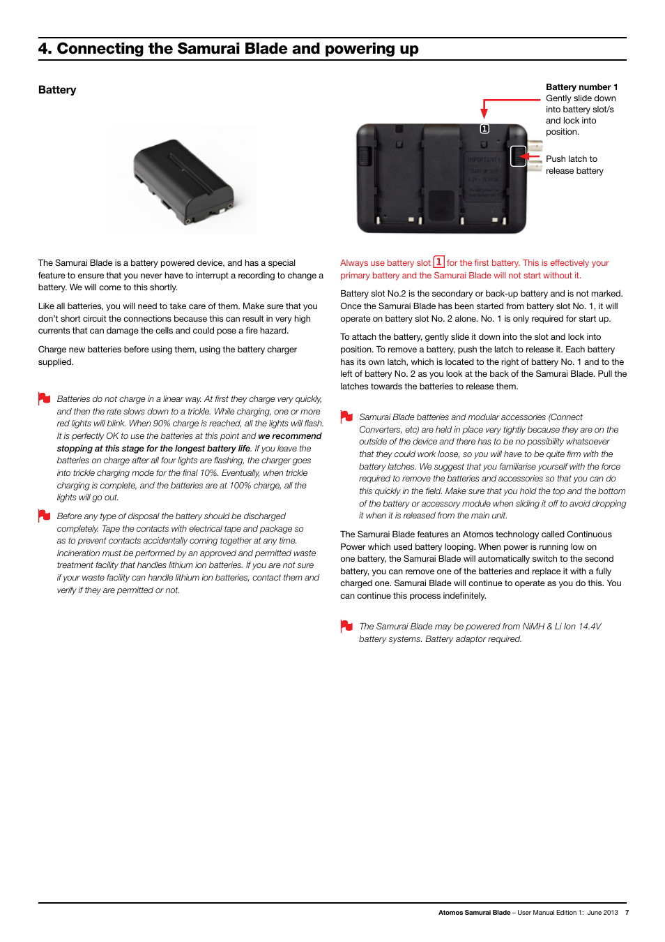Connecting the samurai blade and powering up, Battery | Atomos Samurai Blade User Manual | Page 9 / 38