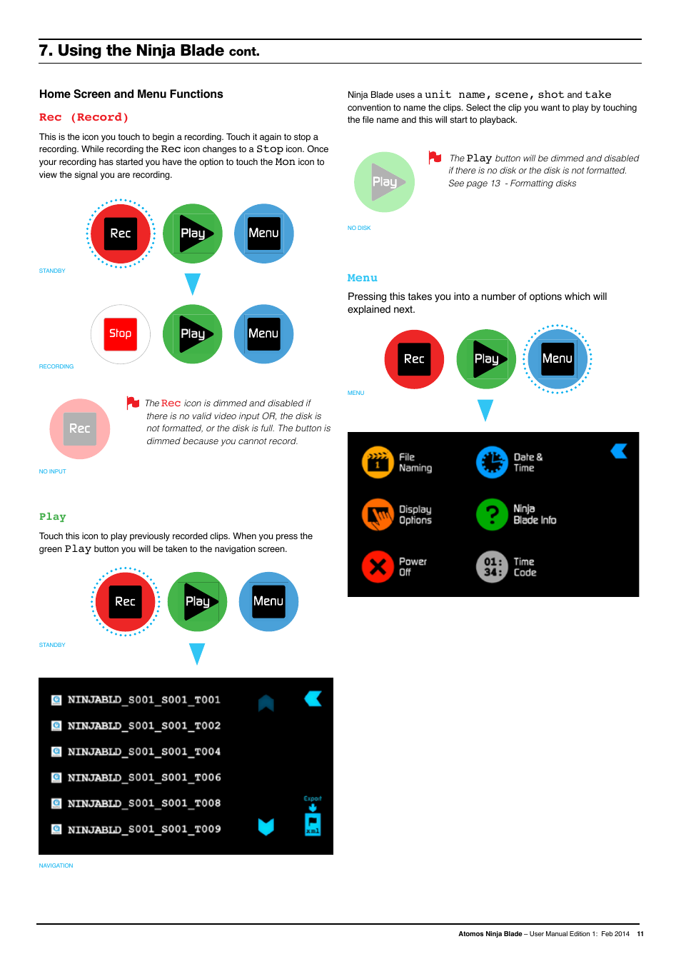 Using the ninja blade, Rec (record), Menu | Cont | Atomos Ninja Blade User Manual | Page 13 / 38