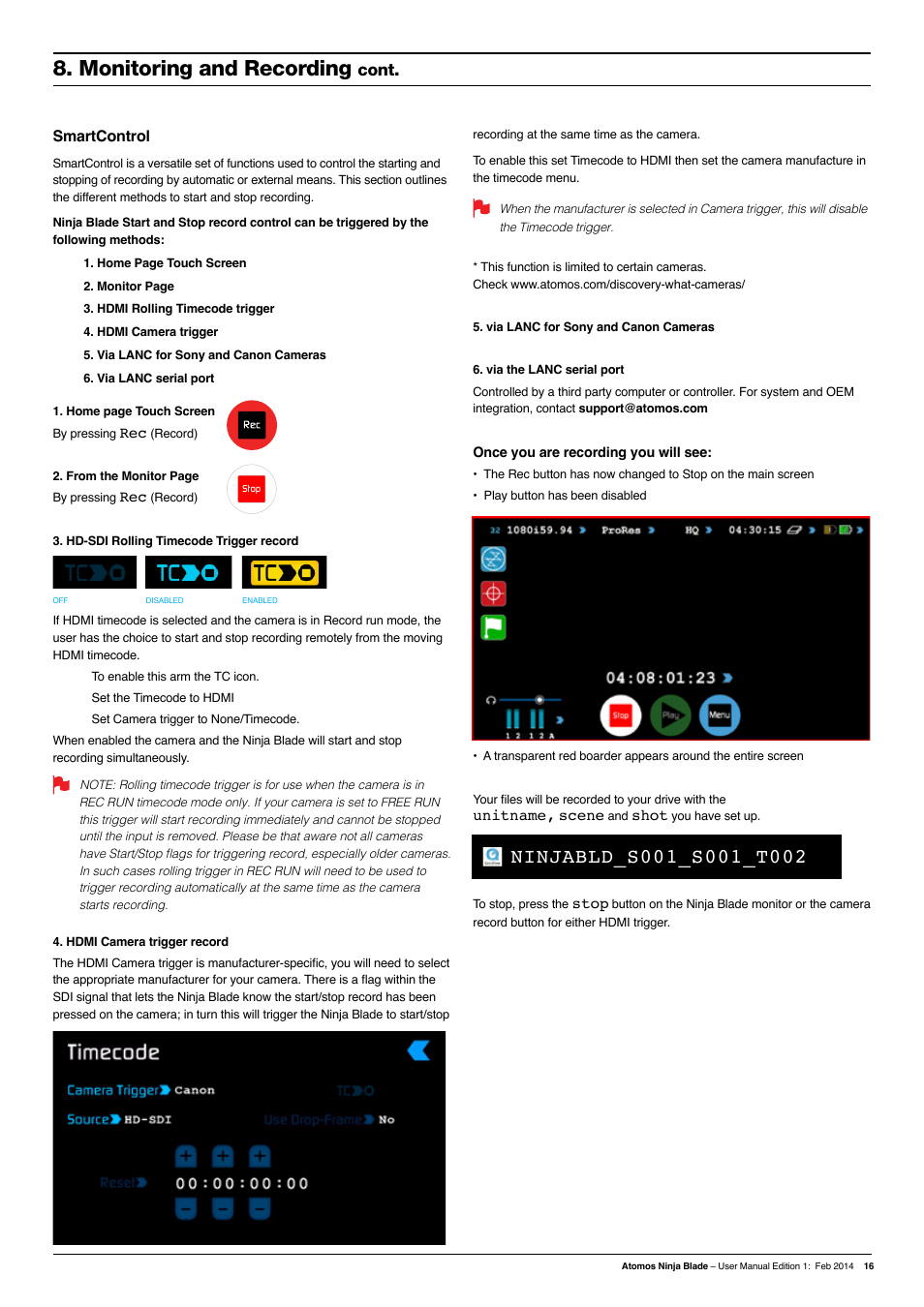 Monitoring and recording, Cont | Atomos Ninja Blade User Manual | Page 18 / 38