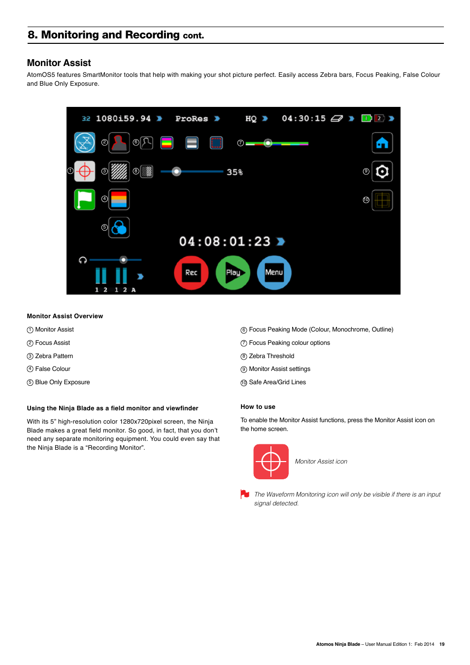 Monitoring and recording, Monitor assist, Cont | Atomos Ninja Blade User Manual | Page 21 / 38