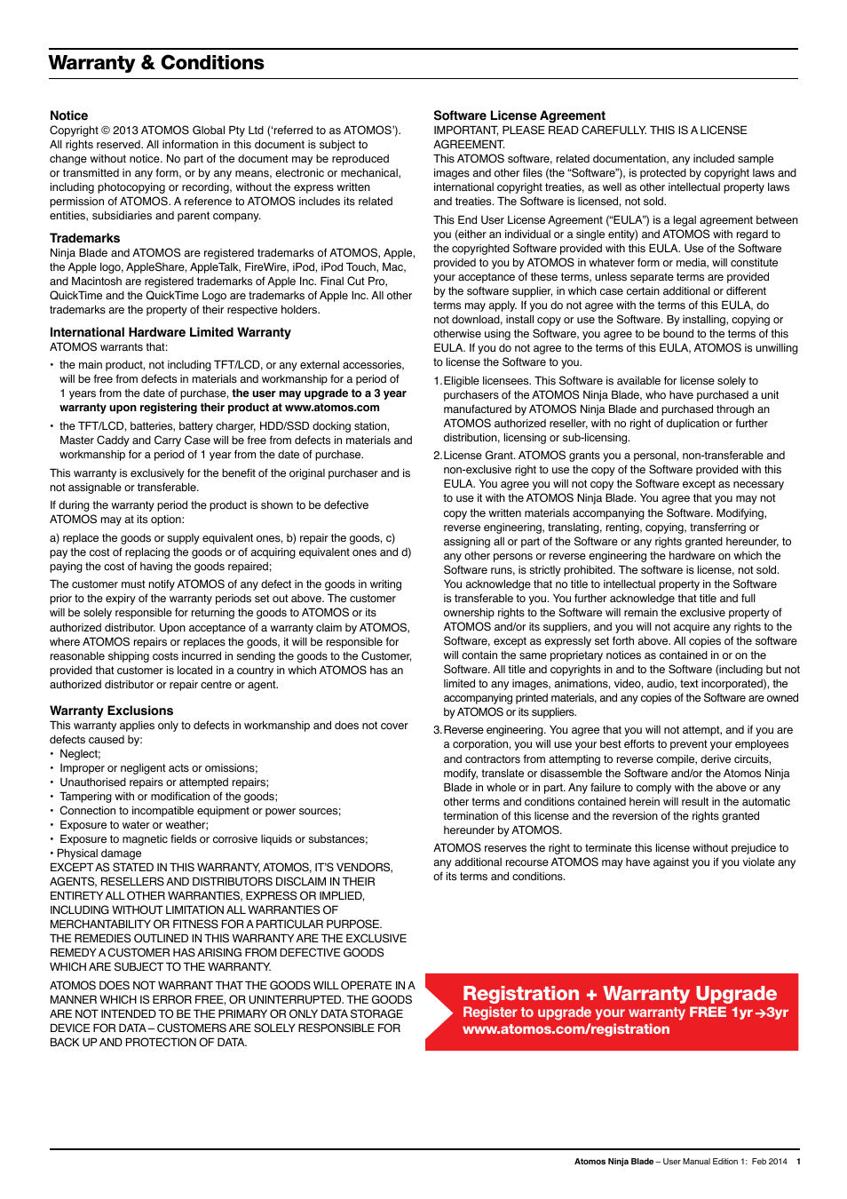 Registration + warranty upgrade, Warranty & conditions, Register to upgrade your warranty free 1yr | Atomos Ninja Blade User Manual | Page 3 / 38