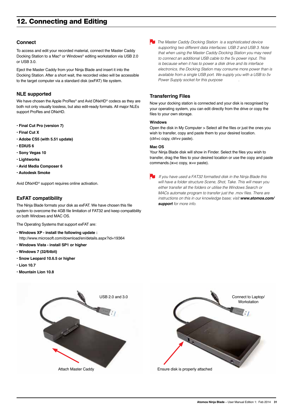 Connecting and editing, Connect, Nle supported | Exfat compatibility, Transferring files | Atomos Ninja Blade User Manual | Page 33 / 38