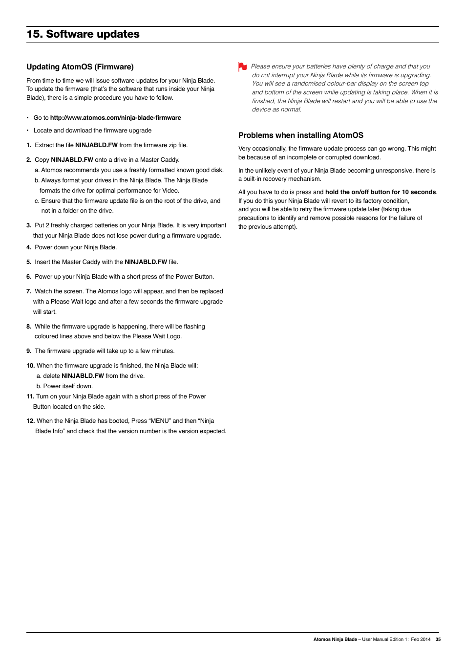 Software updates, Updating atomos (firmware), Problems when installing atomos | Atomos Ninja Blade User Manual | Page 37 / 38