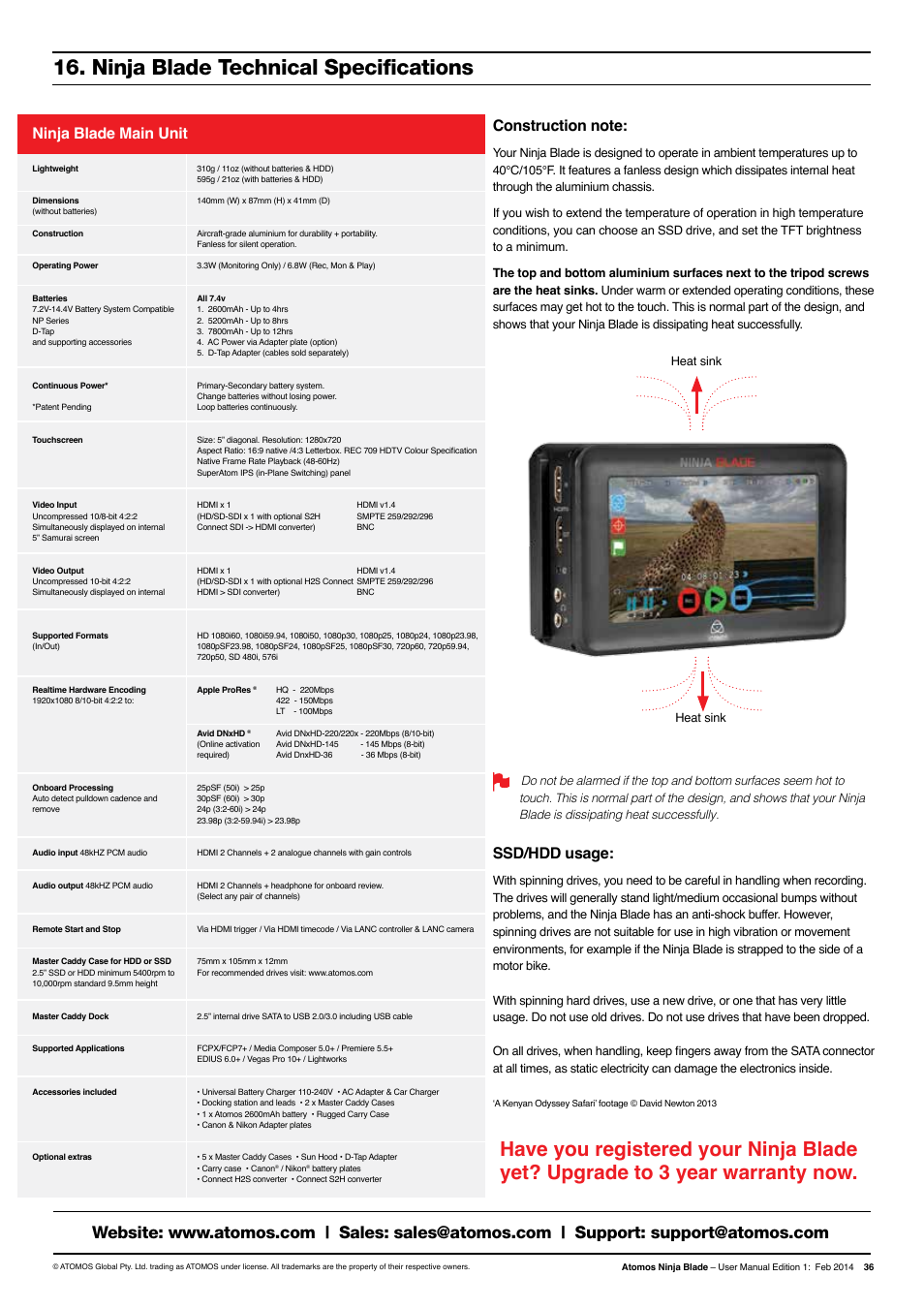 Ninja blade technical specifications, Ssd/hdd usage, Ninja blade main unit | Atomos Ninja Blade User Manual | Page 38 / 38
