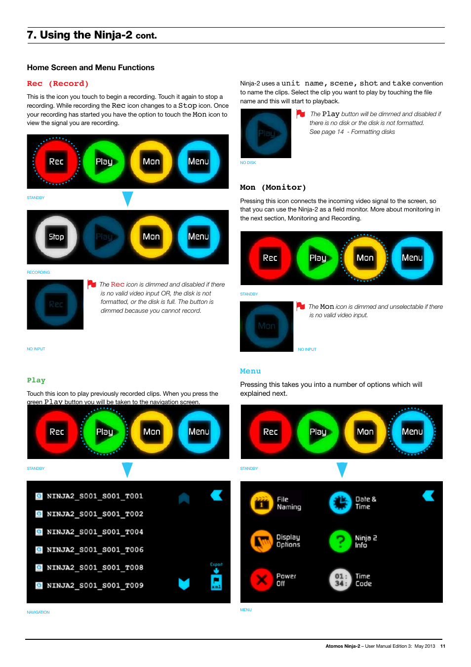 Using the ninja-2, Rec (record), Mon (monitor) | Menu, Cont | Atomos Ninja 2 User Manual | Page 13 / 34