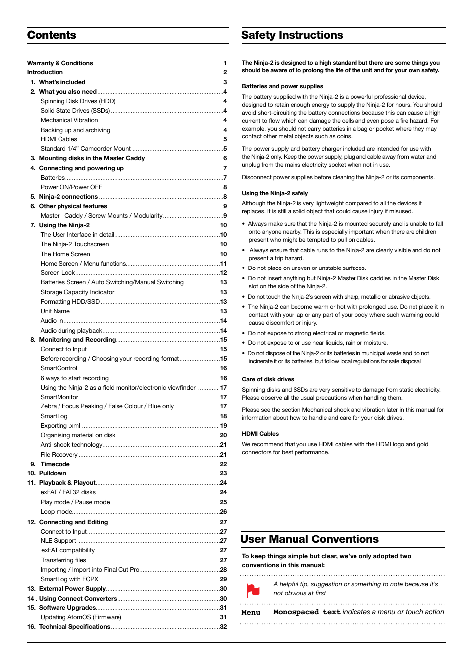Contents safety instructions, Contents user manual conventions, Monospaced text | Menu | Atomos Ninja 2 User Manual | Page 2 / 34