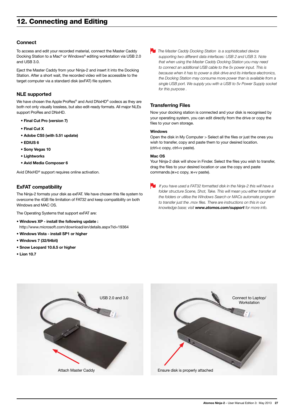 Connecting and editing, Connect, Nle supported | Exfat compatibility, Transferring files | Atomos Ninja 2 User Manual | Page 29 / 34