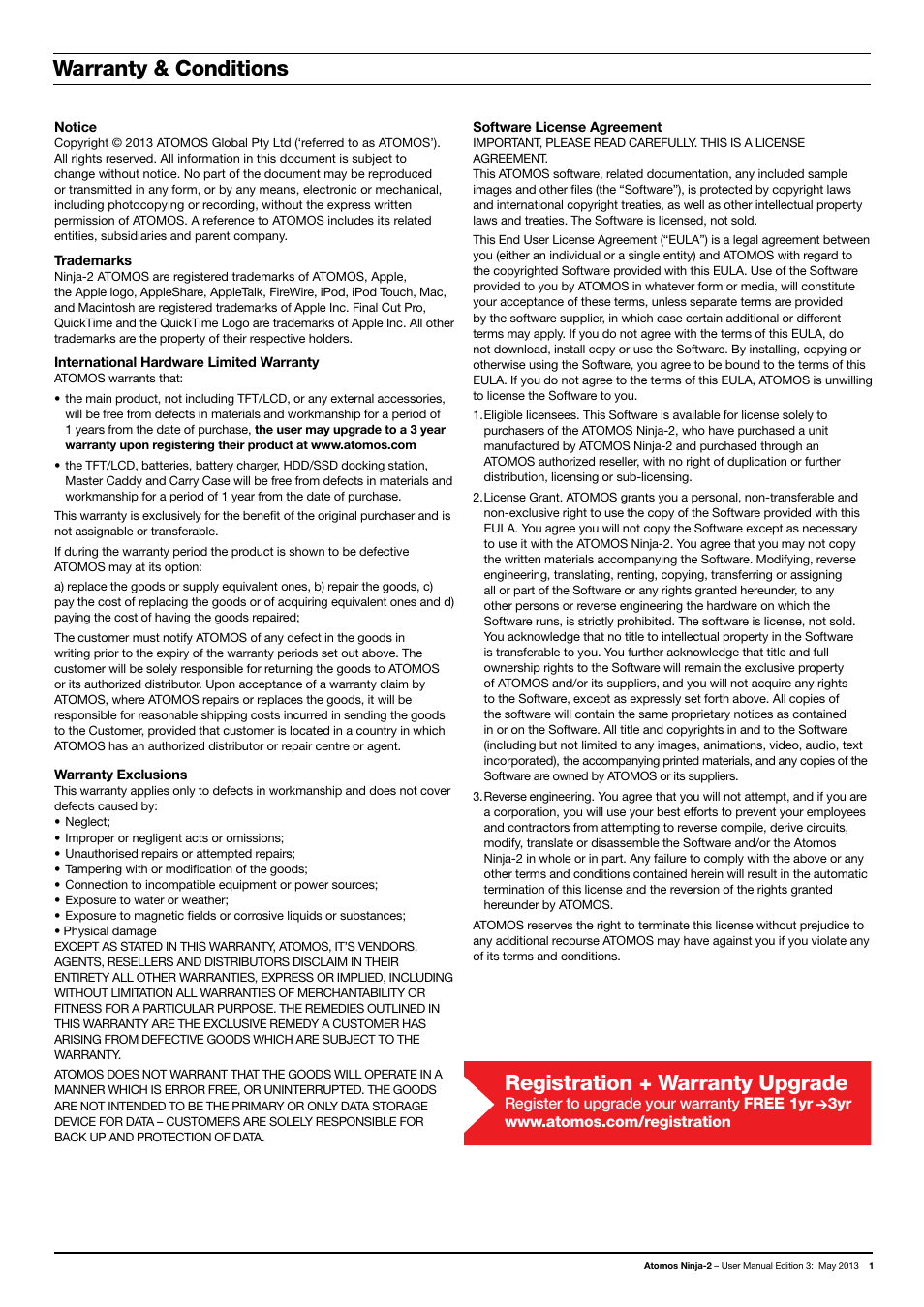 Registration + warranty upgrade, Warranty & conditions | Atomos Ninja 2 User Manual | Page 3 / 34