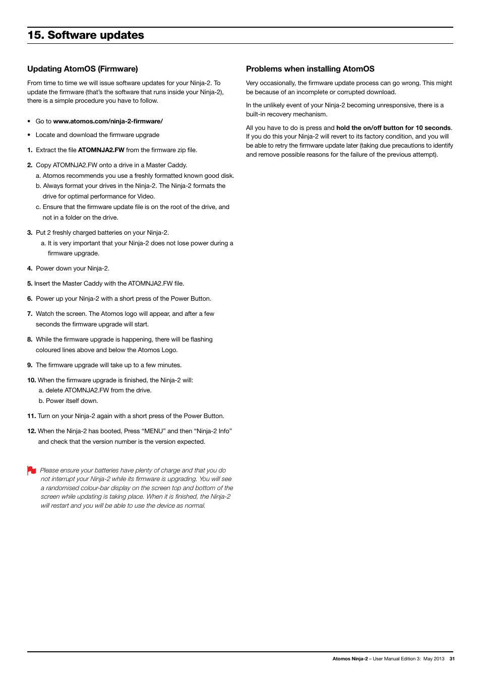 Software updates, Updating atomos (firmware), Problems when installing atomos | Atomos Ninja 2 User Manual | Page 33 / 34
