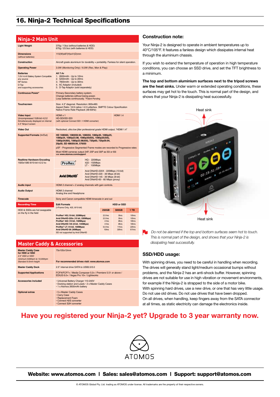 Ninja-2 technical specifications, Ninja-2 main unit, Master caddy & accessories | Ssd/hdd usage, Heat sink | Atomos Ninja 2 User Manual | Page 34 / 34