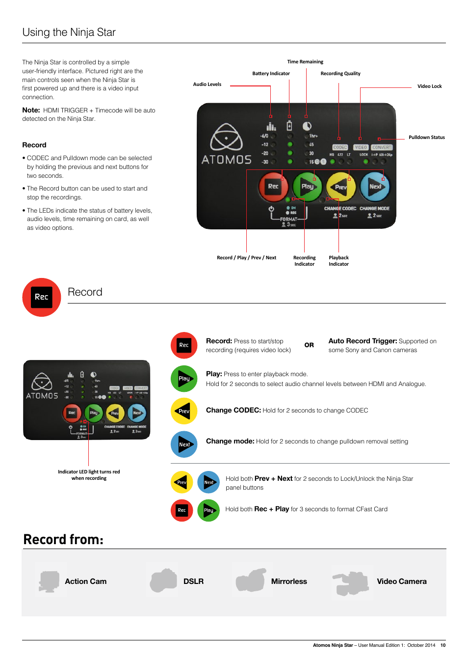 Record from, Using the ninja star record | Atomos Ninja Star User Manual | Page 10 / 18