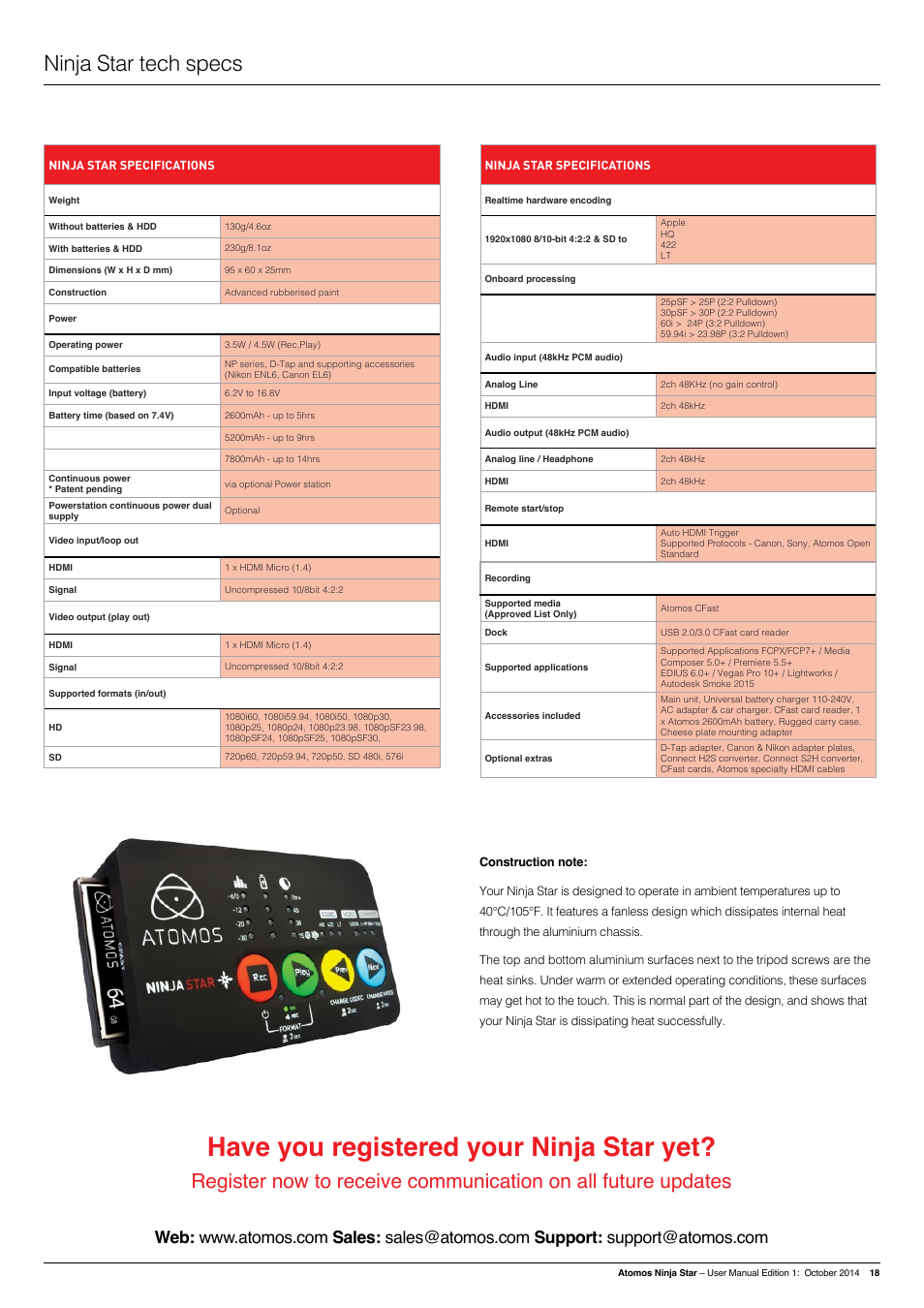 Have you registered your ninja star yet, Ninja star tech specs | Atomos Ninja Star User Manual | Page 18 / 18