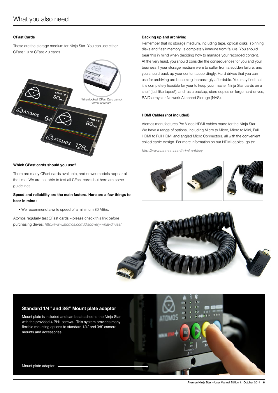 What you also need, Standard 1/4” and 3/8” mount plate adaptor | Atomos Ninja Star User Manual | Page 6 / 18