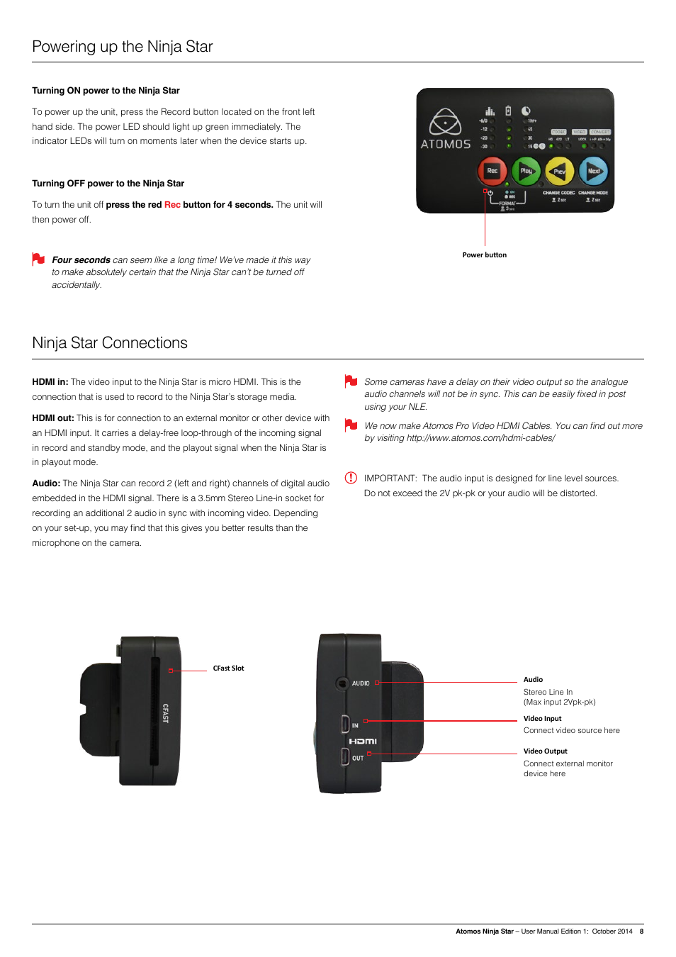 Powering up the ninja star, Ninja star connections | Atomos Ninja Star User Manual | Page 8 / 18