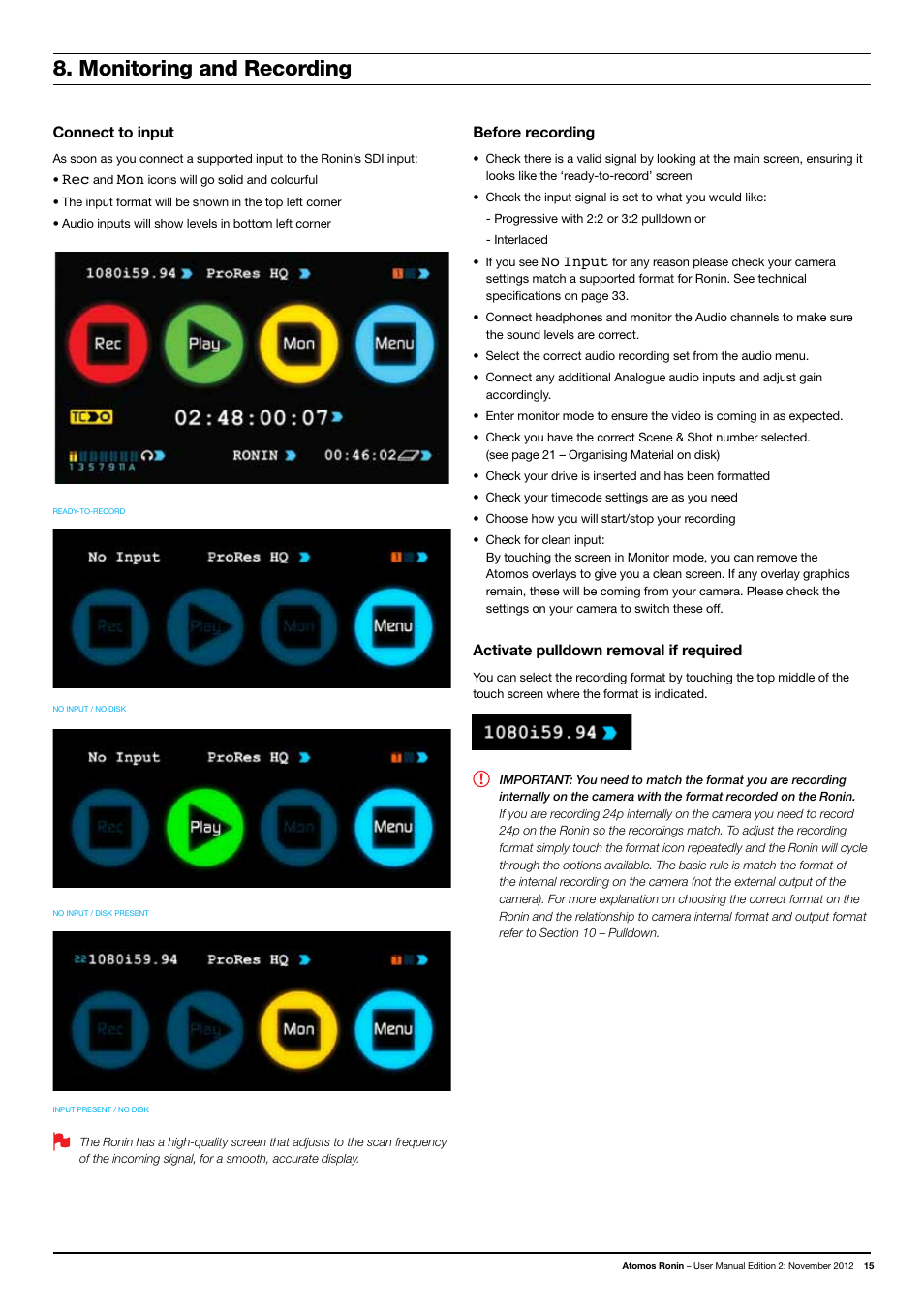 Monitoring and recording | Atomos Ronin User Manual | Page 17 / 34