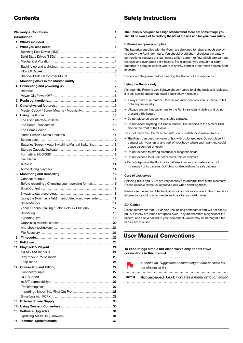 Contents safety instructions, Contents user manual conventions, Monospaced text | Menu | Atomos Ronin User Manual | Page 2 / 34