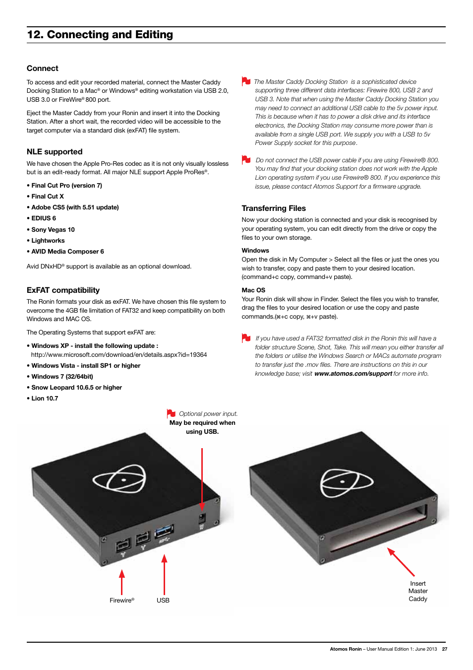 Connecting and editing, Connect, Nle supported | Exfat compatibility, Transferring files | Atomos Ronin User Manual | Page 29 / 34