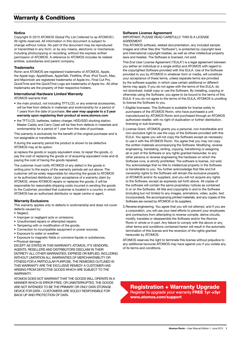 Registration + warranty upgrade, Warranty & conditions | Atomos Ronin User Manual | Page 3 / 34