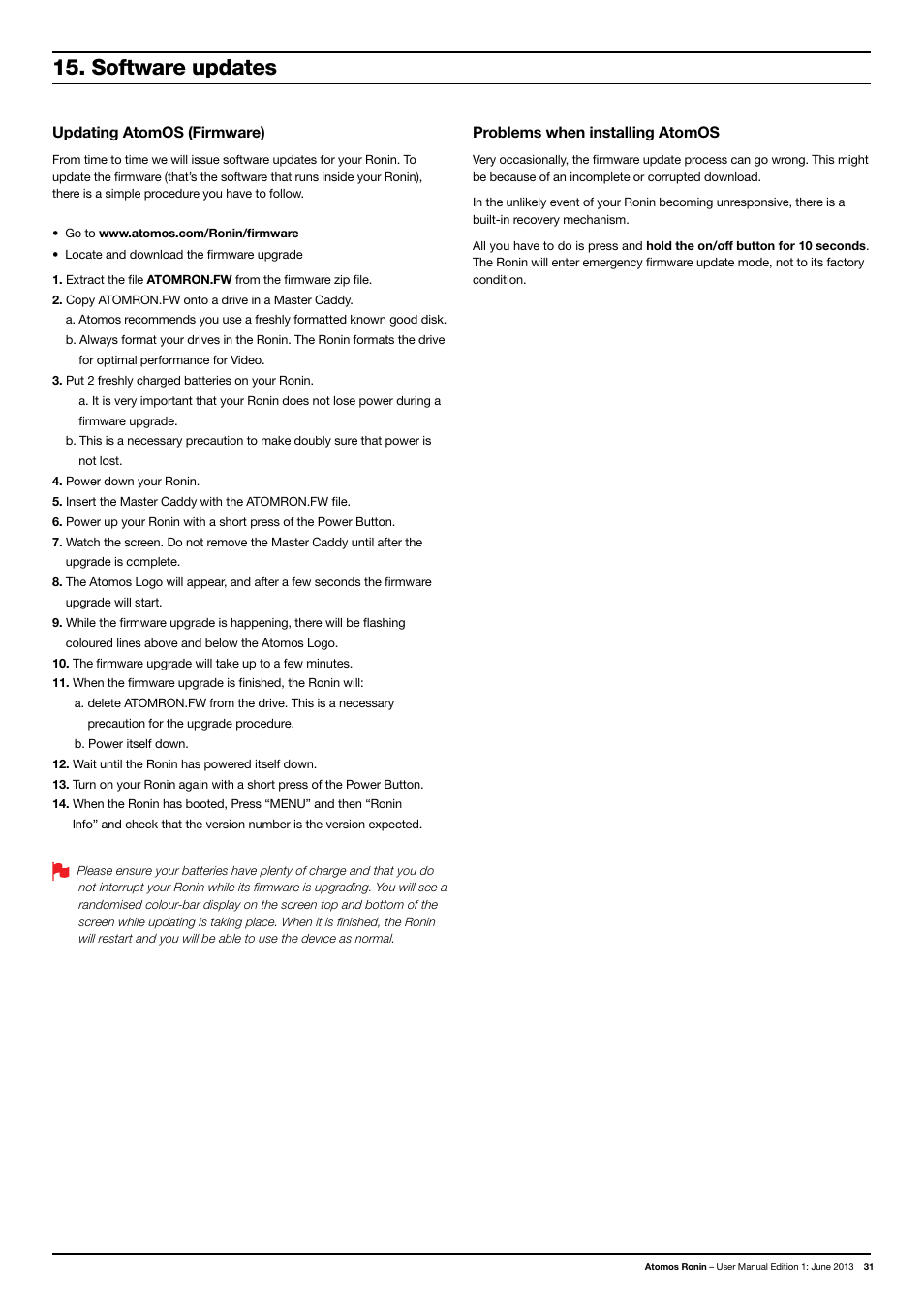 Software updates, Updating atomos (firmware), Problems when installing atomos | Atomos Ronin User Manual | Page 33 / 34
