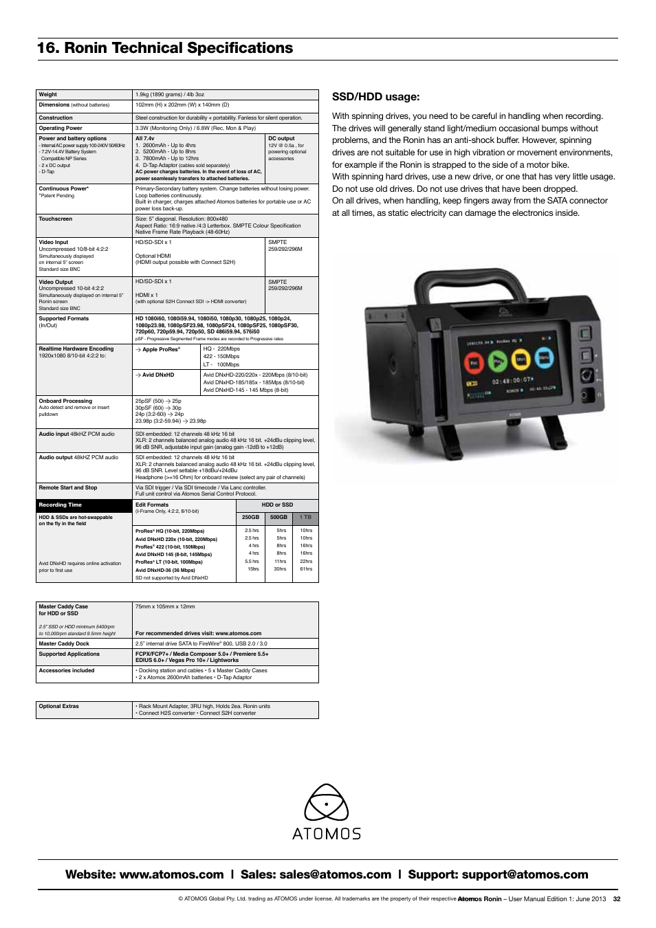 Ronin technical specifications, Ssd/hdd usage | Atomos Ronin User Manual | Page 34 / 34