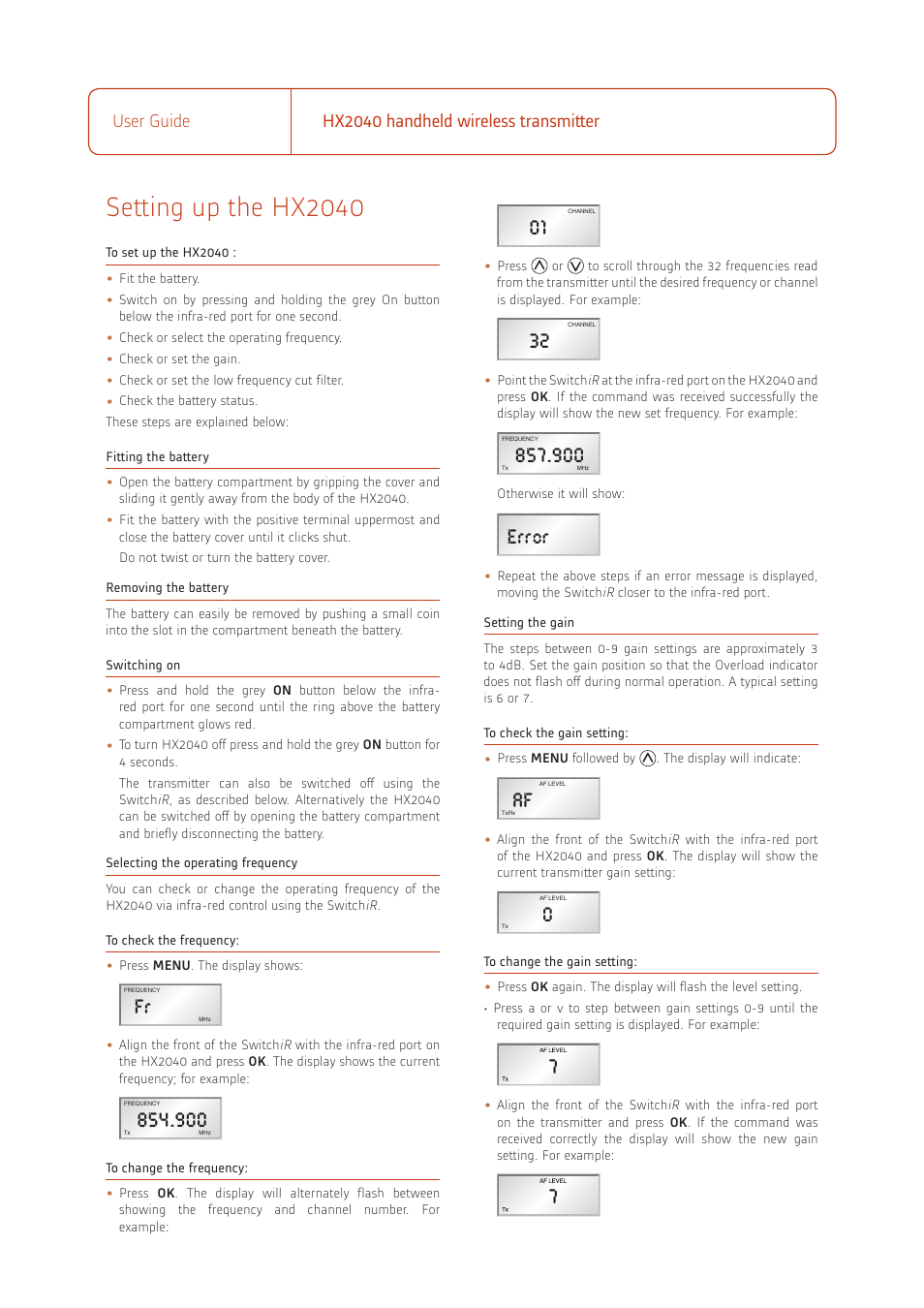Setting up the hx2040, Error, Lf cut | User guide hx2040 handheld wireless transmitter | Audio HX2040 User Manual | Page 2 / 4