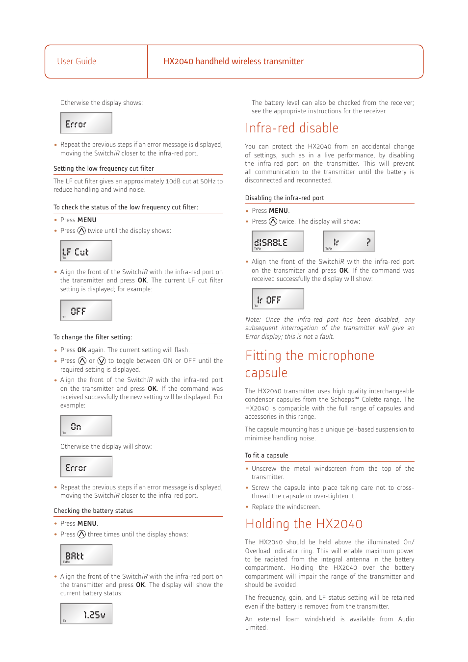 Infra-red disable, Fitting the microphone capsule, Holding the hx2040 | Error, Lf cut, Batt, Disable, Ir off | Audio HX2040 User Manual | Page 3 / 4