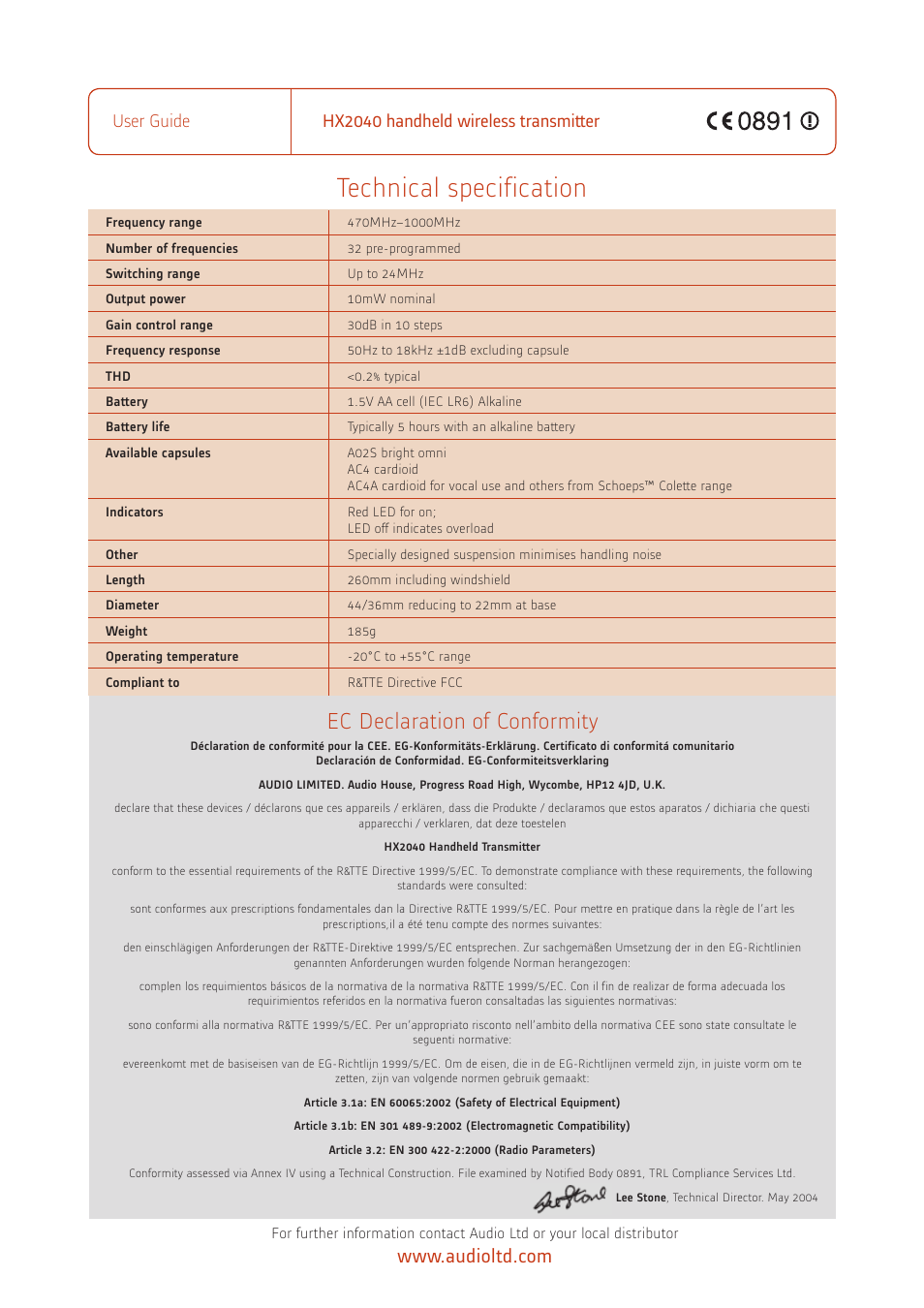 Technical specification, Ec declaration of conformity, User guide hx2040 handheld wireless transmitter | Audio HX2040 User Manual | Page 4 / 4