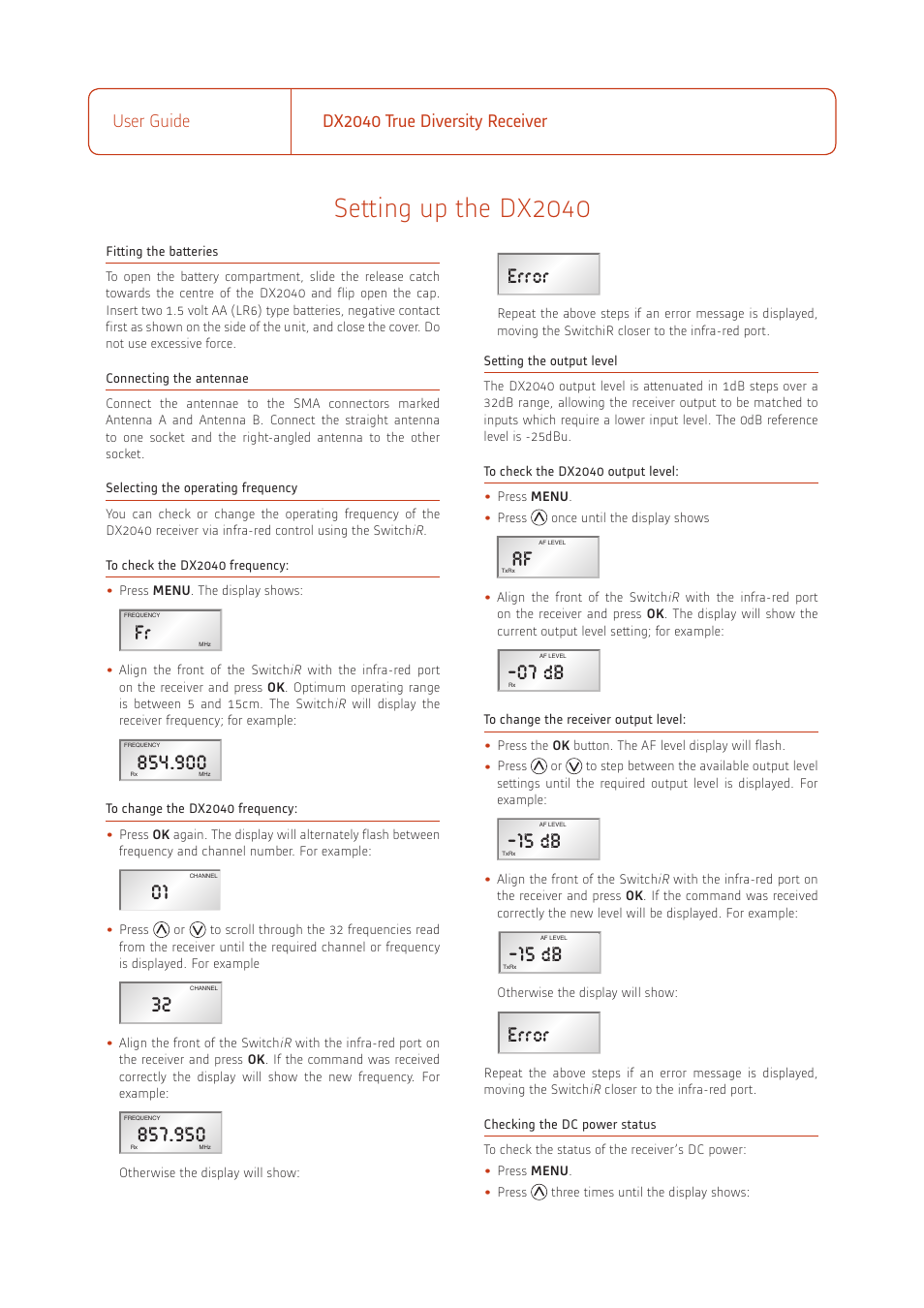Setting up the dx2040, User guide dx2040 true diversity receiver | Audio DX2040 User Manual | Page 2 / 3