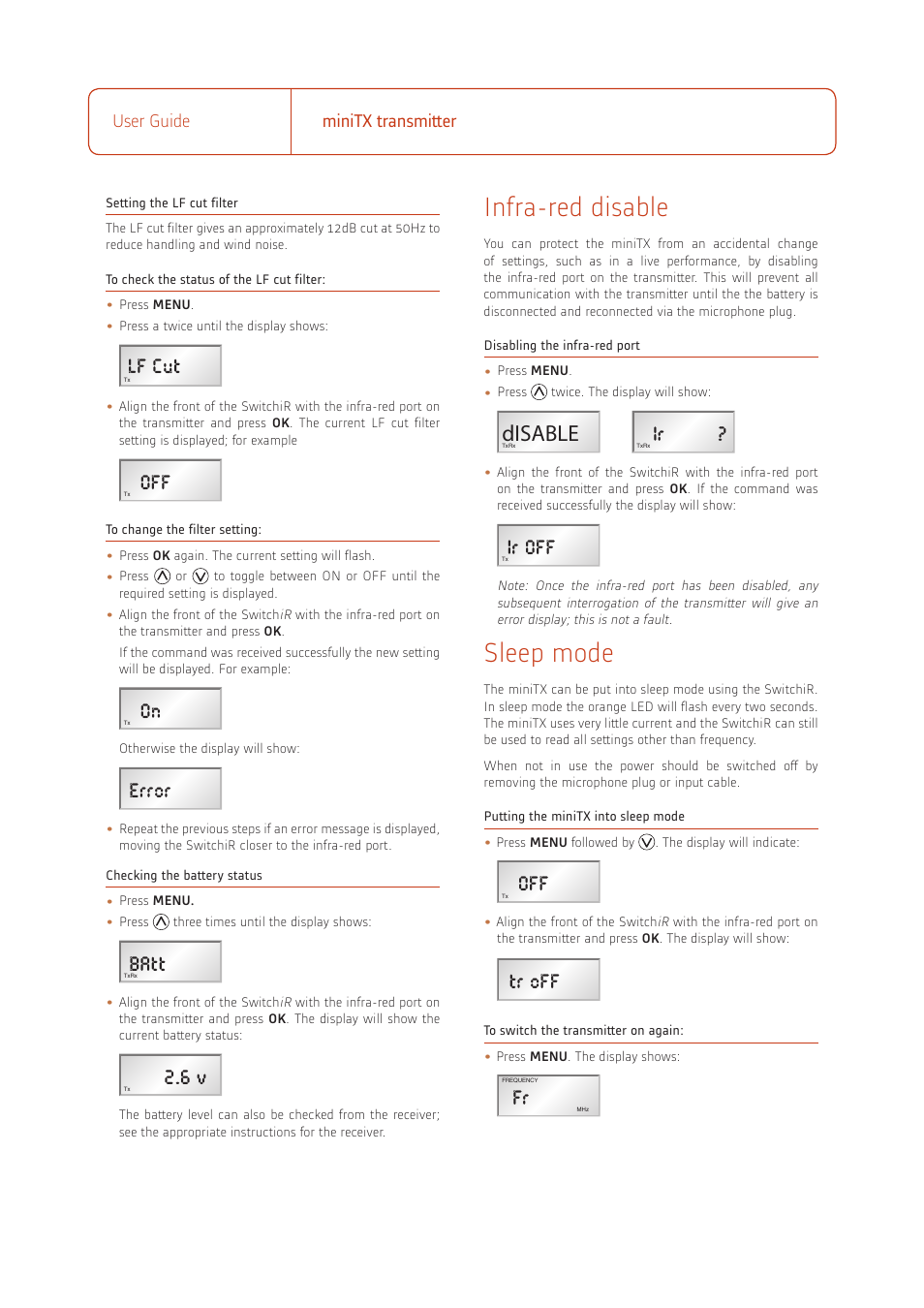 Infra-red disable, Sleep mode, Error | Lf cut, Off 2, Batt, Disable, Ir off, Tr off | Audio miniTX User Manual | Page 3 / 5