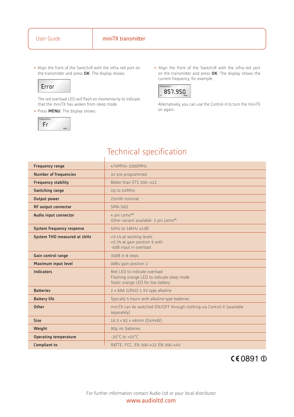 Technical specification, Tr off, Error | User guide minitx transmitter | Audio miniTX User Manual | Page 4 / 5