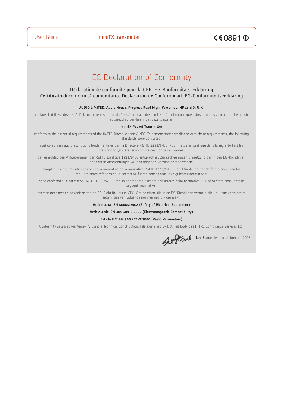 Ec declaration of conformity, User guide minitx transmitter | Audio miniTX User Manual | Page 5 / 5
