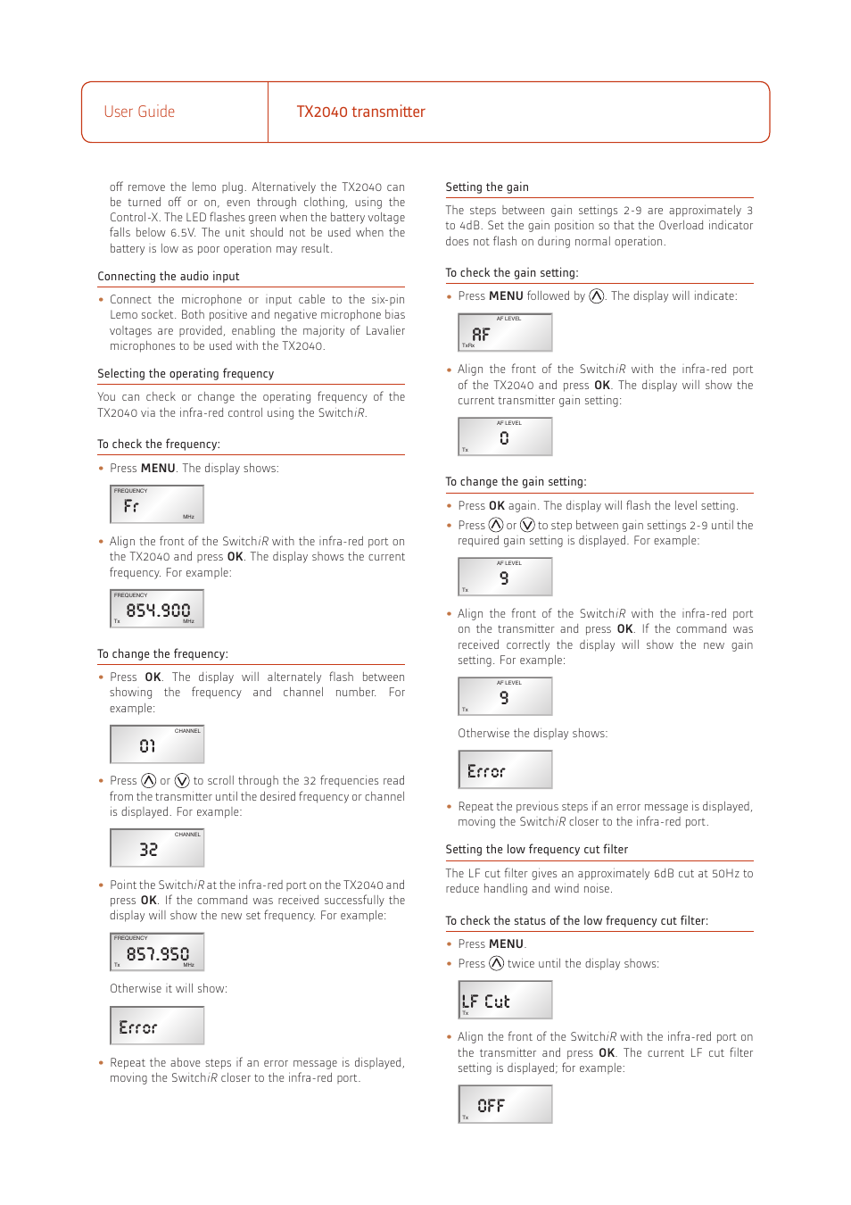 Error, Lf cut, User guide tx2040 transmitter | Audio TX2040 User Manual | Page 2 / 4